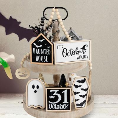 Kreative Holzhandarbeiten Etagere Dekorationen Set Halloween Mittelstück mit Perlen Girlanden für Heimische Zusammenkunft Feiertagsgeschenke