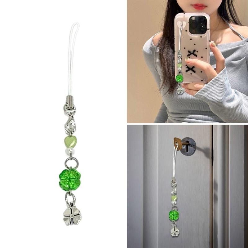 Handgefertigte Handykette mit Perlen, vierblättriges Kleeblatt, Handyanhänger, Acryl, Schlüsselanhänger, Zubehör für Handys, Schlüssel und Tasche