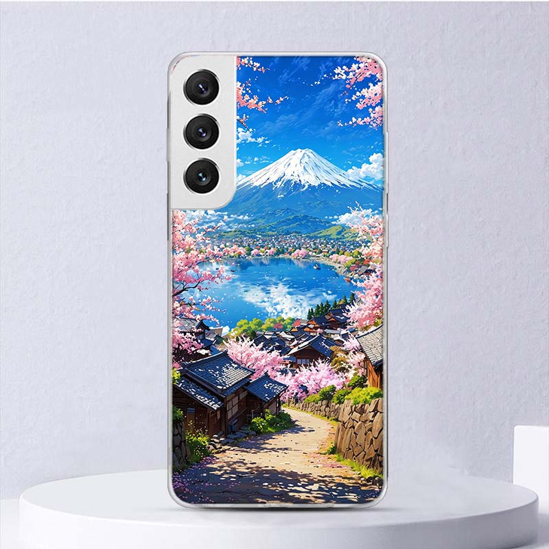Japanese Cherry Mount Fuji Soft Case For Samsung Galaxy S25 S24 S23 S22 Ultra Phone Cover S20 FE S21 Plus S25 Edge + Funda Coque