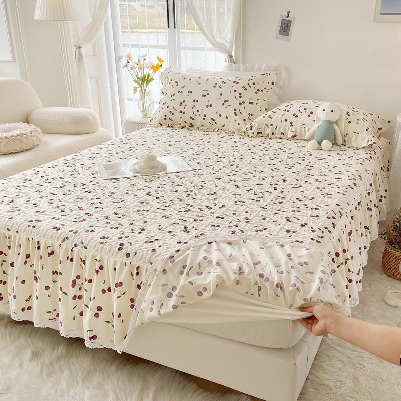 1pc Pure Cotton Thicken Quilted Mattress Cover with Skirt Queen/King Bed Sheet Skirt Elastic Band 200x220cm  (No Pillowcase)