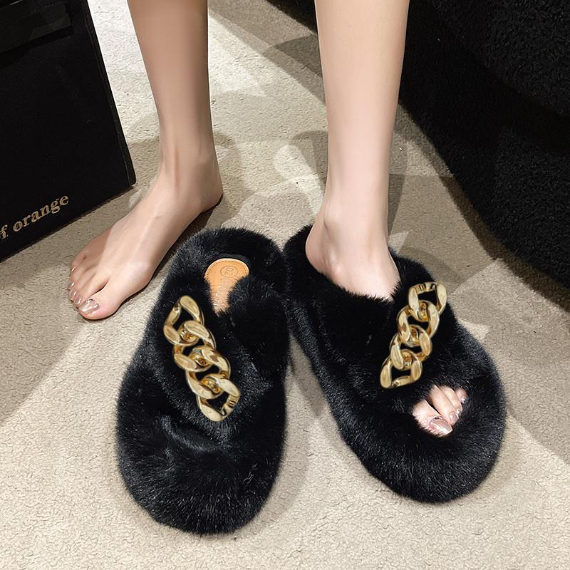 European goods heightened thick-soled fluffy slippers women wear high-end explosion spring and autumn chain Internet celebrity cross plush slippers