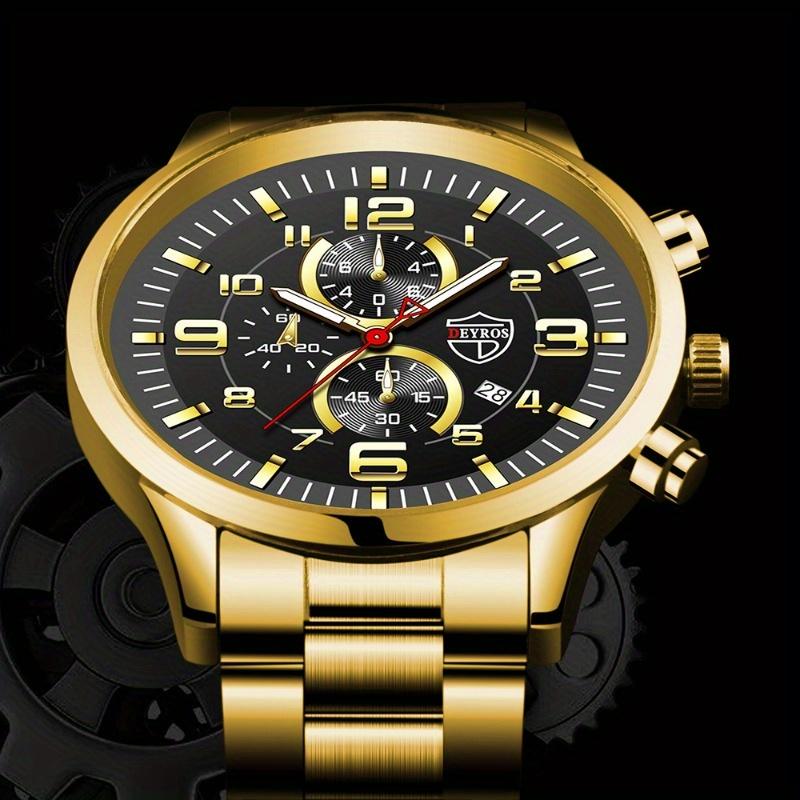 DEYROS Business Golden Men's Watch Casual Men's Calendar Watch Luxury Men's Stainless Steel Strap Quartz Watch