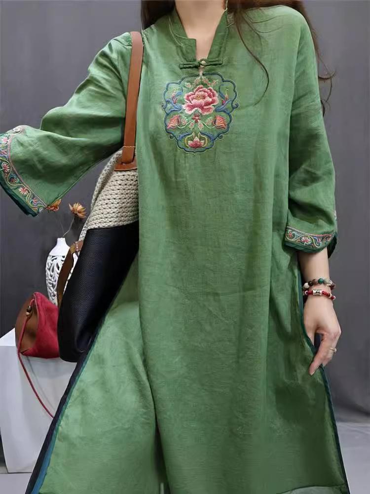 Embroidered Cotton Linen Cheongsam: Mid-Length Ethnic Summer Dress