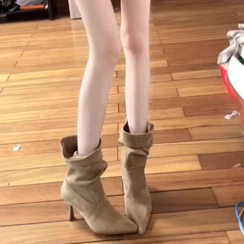 Boots Casual Mid Boots Pointed High Heels Spring and Autumn Fold Thin Fashion Short Boots Heap Daily