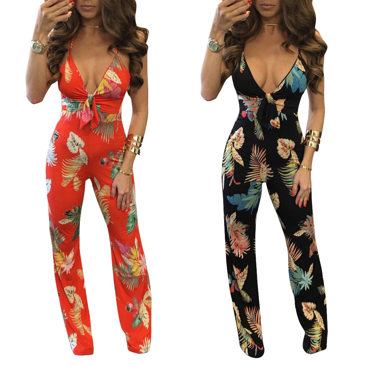 

Red and Black Leaf Print Jumpsuit - Sexy Summer Style, In Stock Extra Large червоний