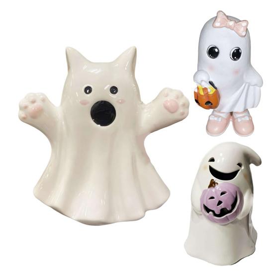 Halloween Ghost Ornaments Cute Ghost Cat Pumpkin Sculpture Spooky Resin Home Decor Desktop Figurine for Indoor Outdoor Display