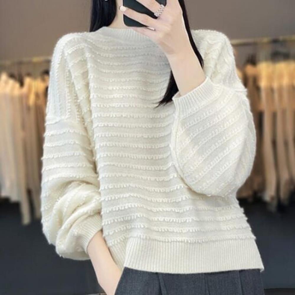 Navava Nk3401 Striped Point Loose Fit Round Neck Long Sleeve Knit Sweater