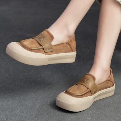 Sapatos femininos retro versáteis couro genuíno dedo do pé redondo sola grossa casual deslizamento em sapatos baixos