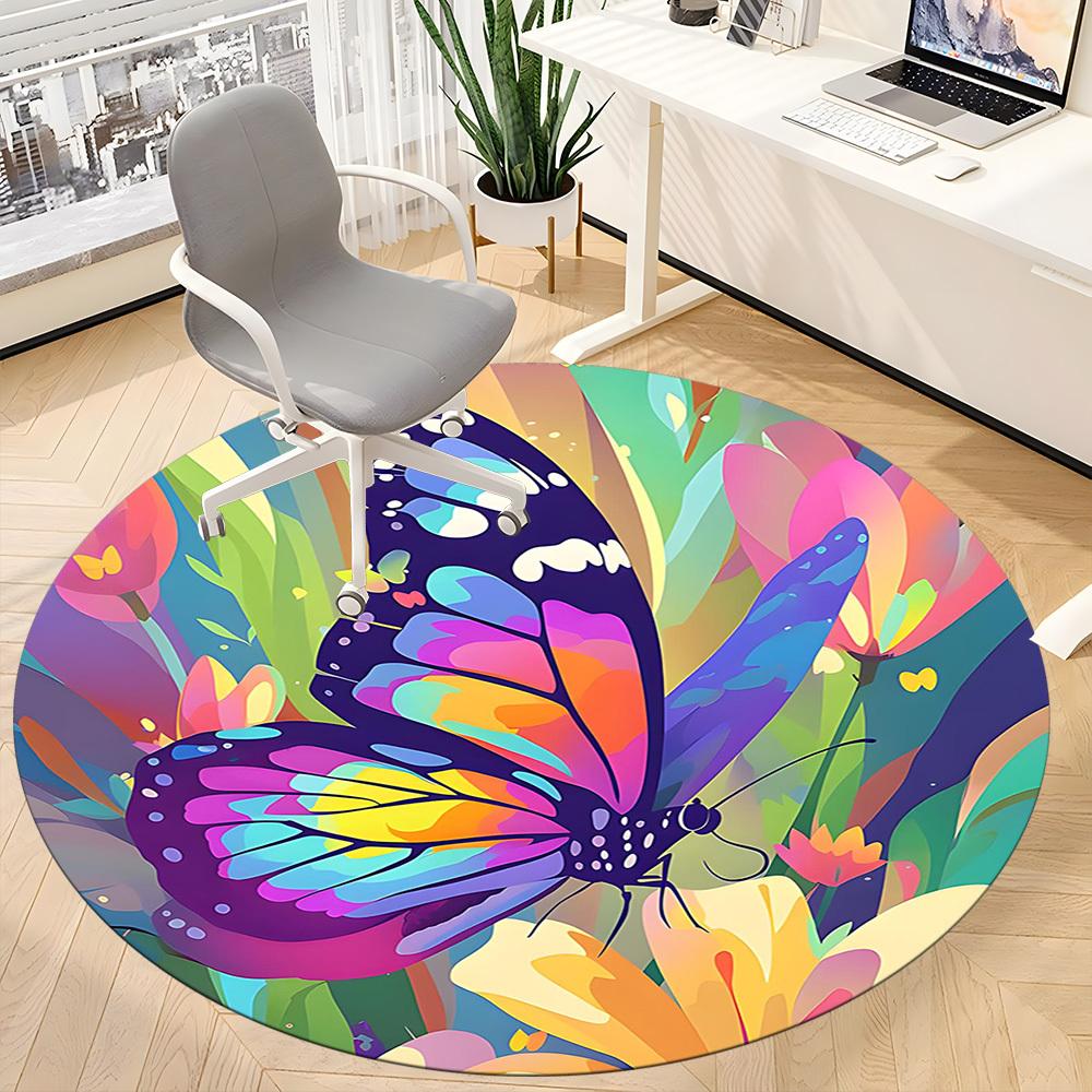 1PC Butterfly Garden Pattern Office Round Area Rug, Mat Suitable For Office, Under Office Chairs Bedroom Living Room Home Decor, Room Deco