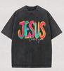 Gradient Brush Jesus Loves You Letter Graphic TShirt Vintage Washed Crew Neck Loose Casual Short Sleeve Daily Street Style Top