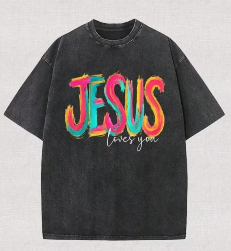 Gradient Brush Jesus Loves You Letter Graphic TShirt Vintage Washed Crew Neck Loose Casual Short Sleeve Daily Street Style Top