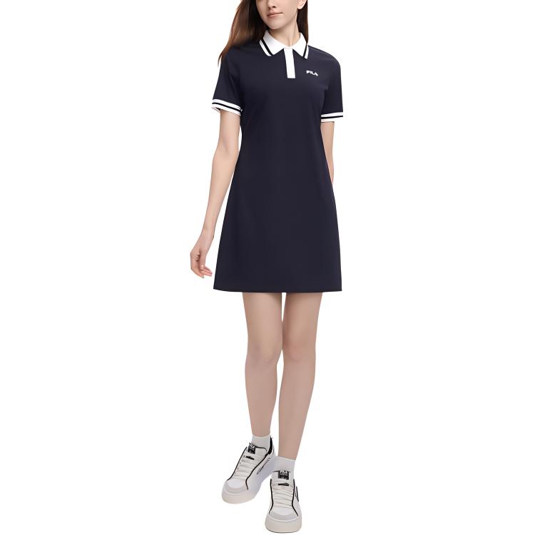 Fila Fashion Casual Classic Polo Collar Short Sleeve Dress Women Dresses Legendary-Blue F51W429302ANV