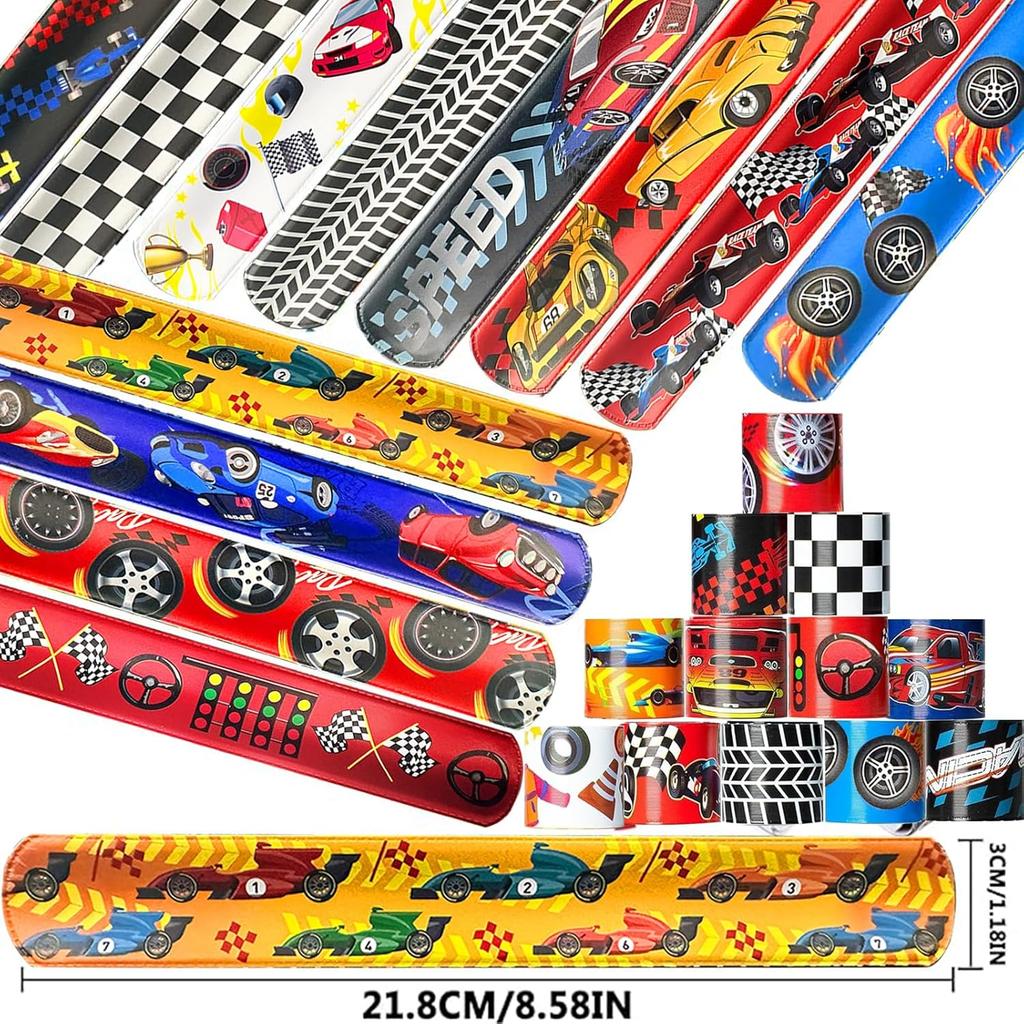 24 Pcs Race Car Party Decorations Favors Racing Bracelet Racing Wristbands Bracelet Checkered Slap Bracelets Dirt Bike Task Game Decorations Car
