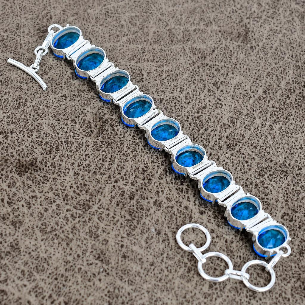 Blue Topaz Gemstone Handmade 925 Sterling Silver Bracelet 7-8" KKG-133