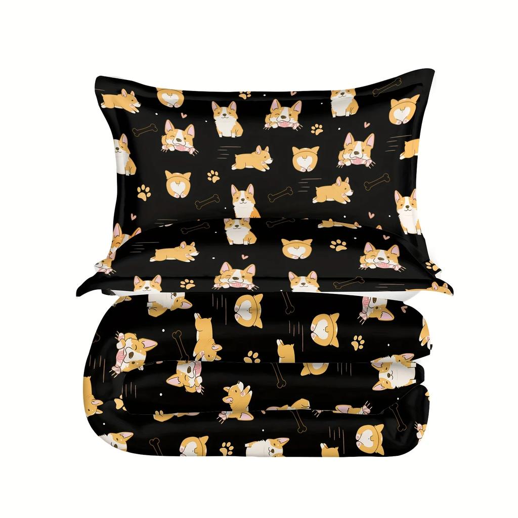 Cute Corgi Bedding Set Twin Size, Cartoon Dog Paws Footprint Duvet Cover Set 3pcs For Bed Decor, Smiling Corgi Pet Comforter