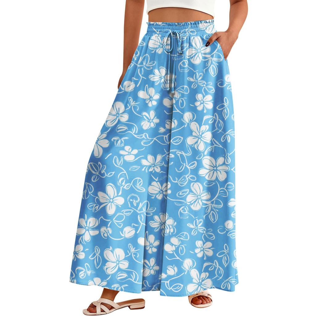 Women's Palazzo Pants Boho Floral Wide Leg Trousers Summer Beach High Waisted Flowy Pants With Pockets