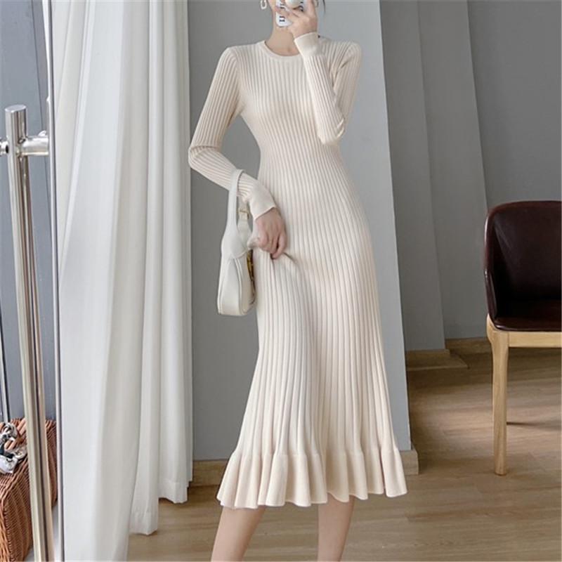 Knitted Mid-length Hip-hugging Dress Women's Inner Bottoming Sweater Skirt Ruffled Slim Slimming French Fishtail Skirt