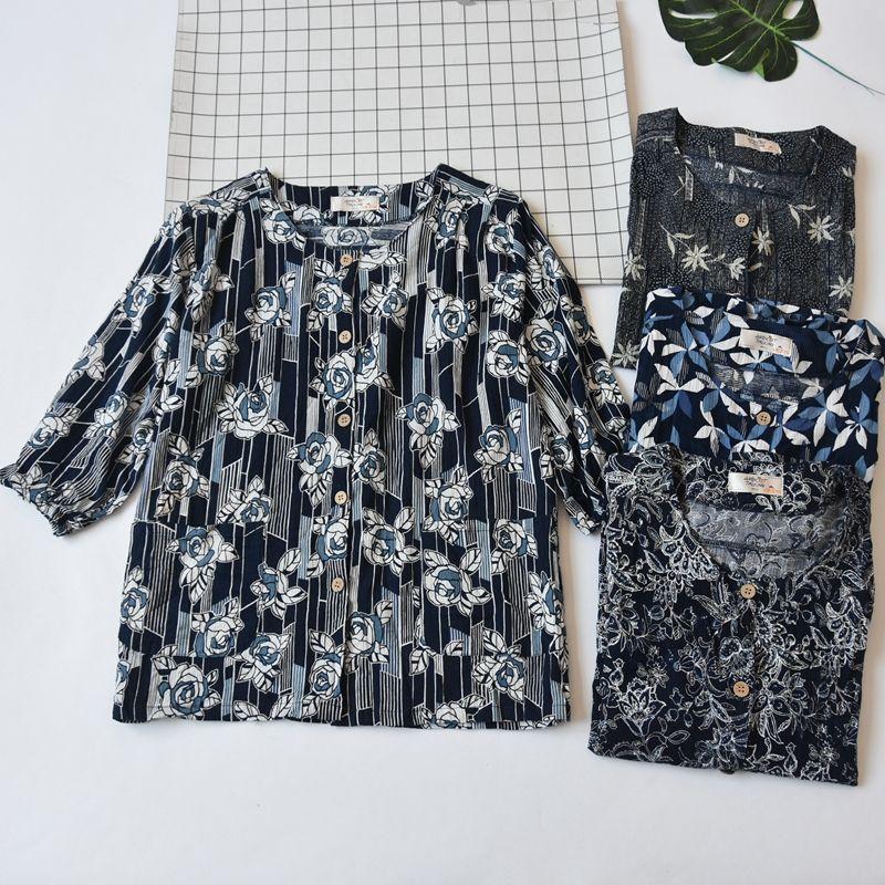 Japanese Single Women's Woven Pure Cotton Printed Homewear Pajamas Tops Summer Thin round Neck Shirt with Half Sleeve Can Be Outwear Cardigan