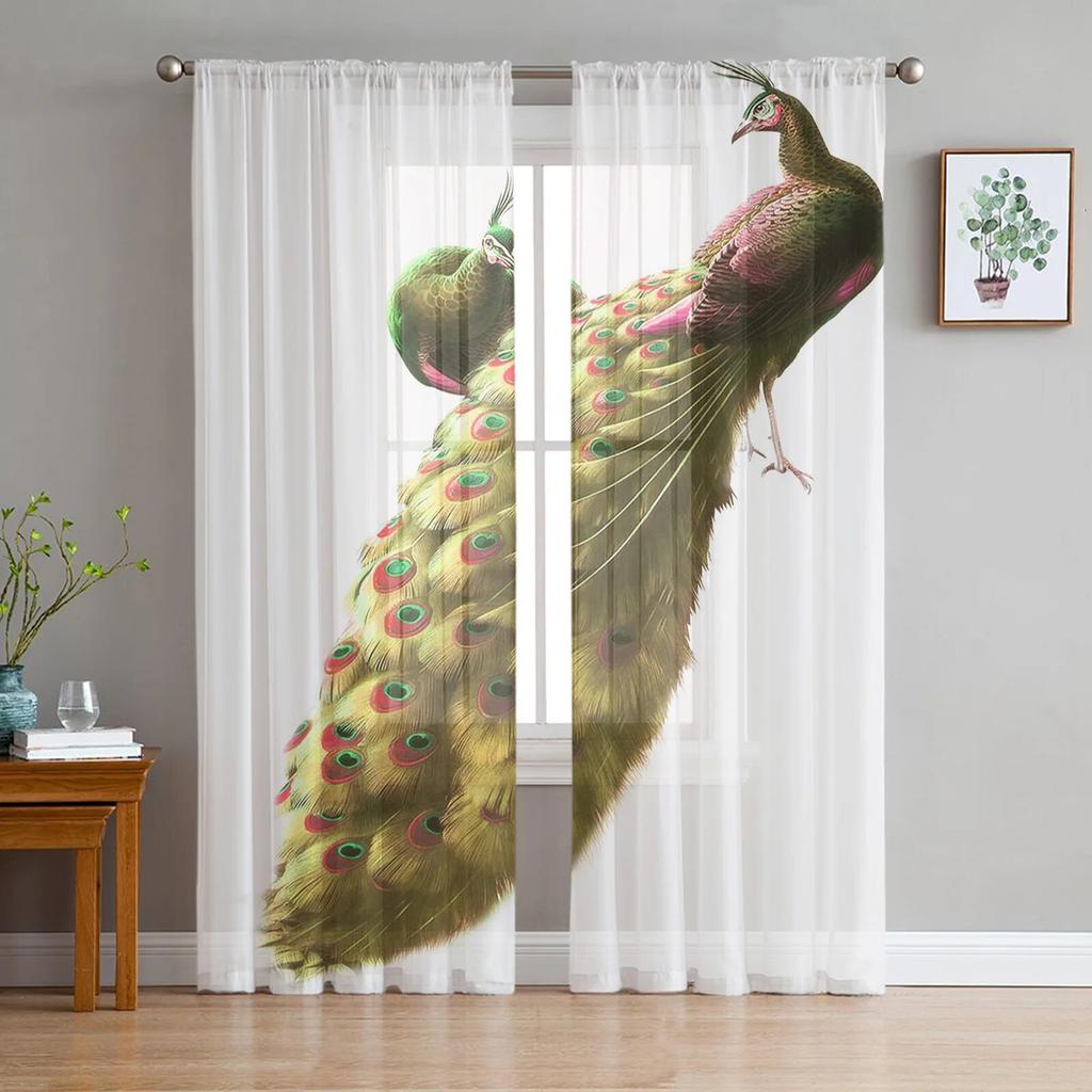 Cortinas Elegantes de Tul Blanco con Plumas de Pavo Real para Decoración de Sala de Estar Dormitorio Gasa Transparente Voile Cortina de Ventana de Cocina