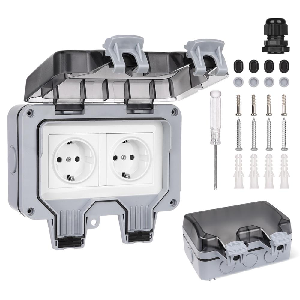 16A Outdoor Switched Waterproof Socket Wall Electrical Power Outlet Dual USB Ports 2 Gang