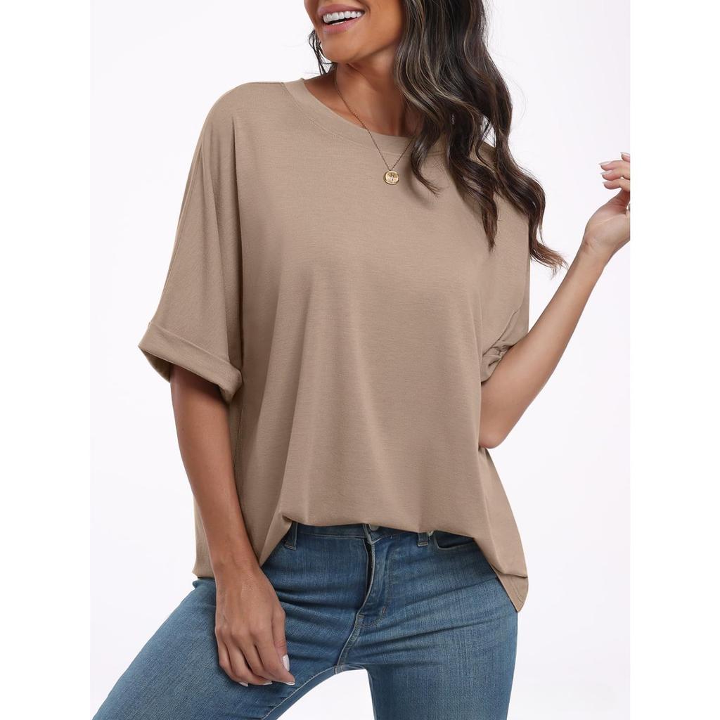 Women's Crew Neck Short Sleeve Loose Fit Tunic Top Solid Color Casual Tee Blouse