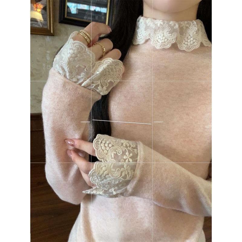 Lace semi-turtleneck bottoming shirt women's autumn and winter sweet inner long-sleeved warm Andy fleece knit sweater top