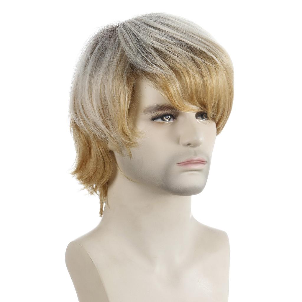 European and American Style Men's Fashion Front Lace Heat Resistant Daily Use Natural Looking Synthetic Fiber Light Golden Short Straight Wig