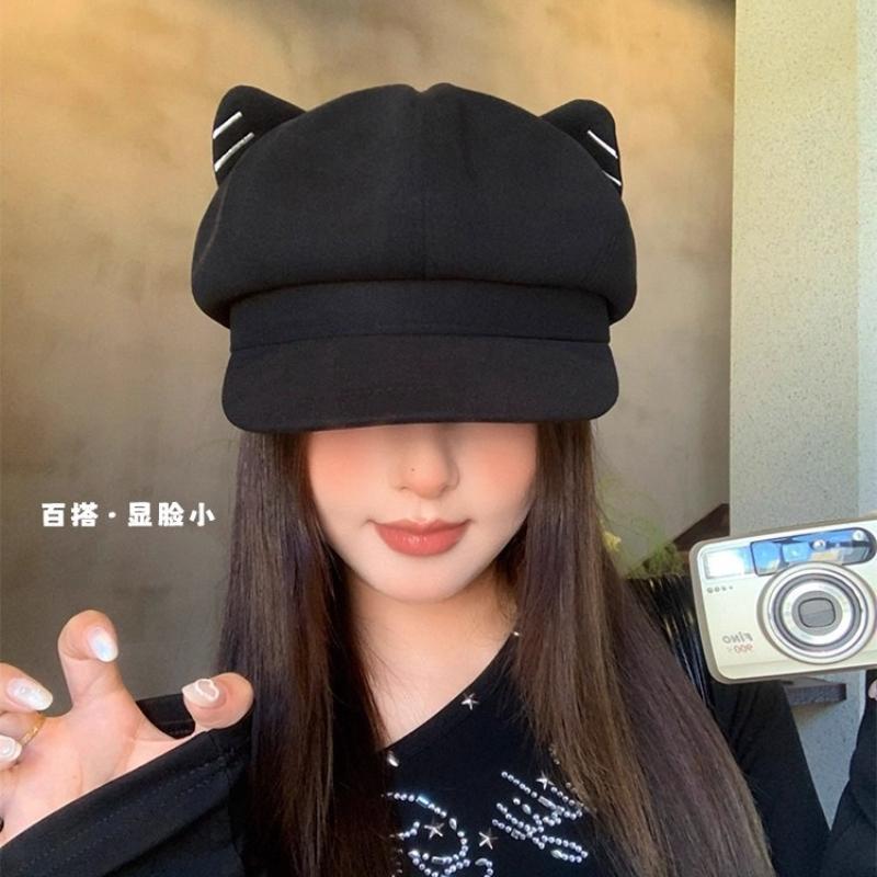 Boina de gato fofa de lã japonesa feminina versátil para primavera e outono chapéu de jornaleiro bico de pato chapéu octogonal moda