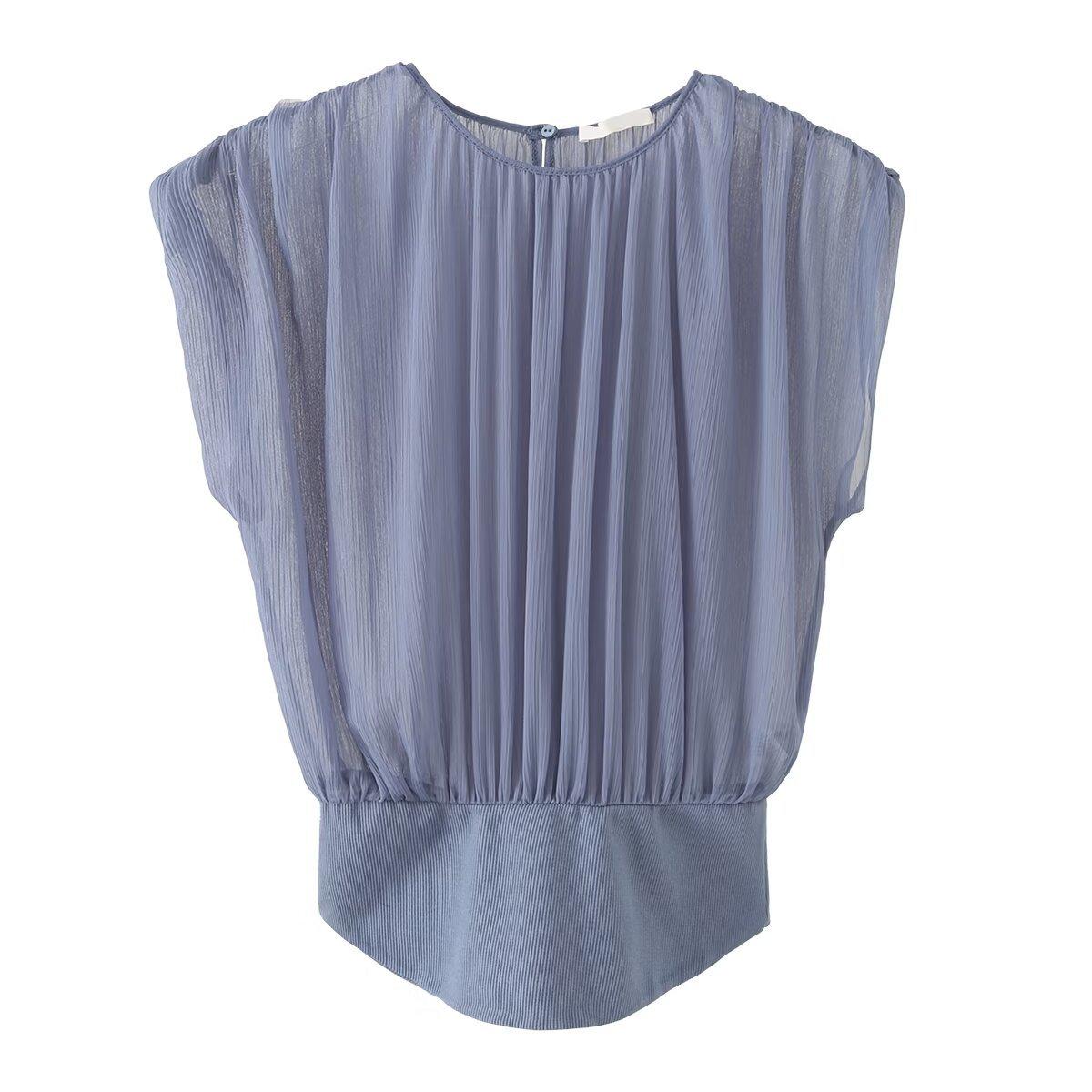 European and American style, new women s clothing, versatile fashion round neck translucent georgette splicing top XS
