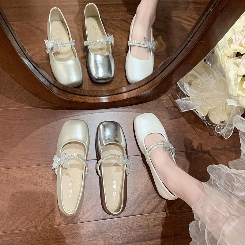 Square head Mary Jane shoes women's 2025 autumn new French butterfly rhinestone pedal with skirt princess shoes single shoes
