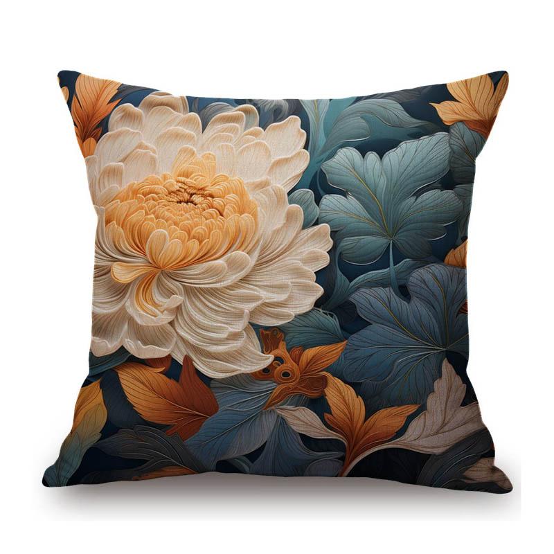 Red Yellow Flower Pattern Peony Rose Home Decoration Royal European Style Cotton Linen Sofa Throw Pillow Case Cushion Cover