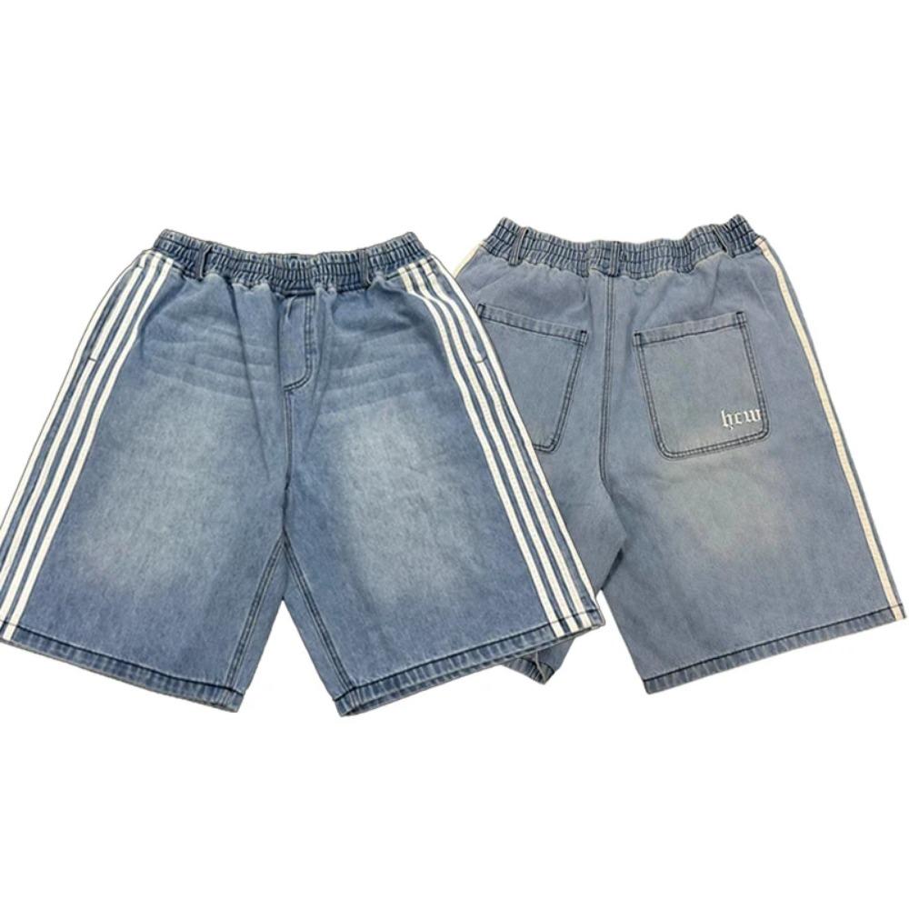 Summer New Casual Denim Shorts Y2K Side Striped Pattern Shorts Men Street Retro Harajuku Hip Hop Loose High Waist Sports Shorts