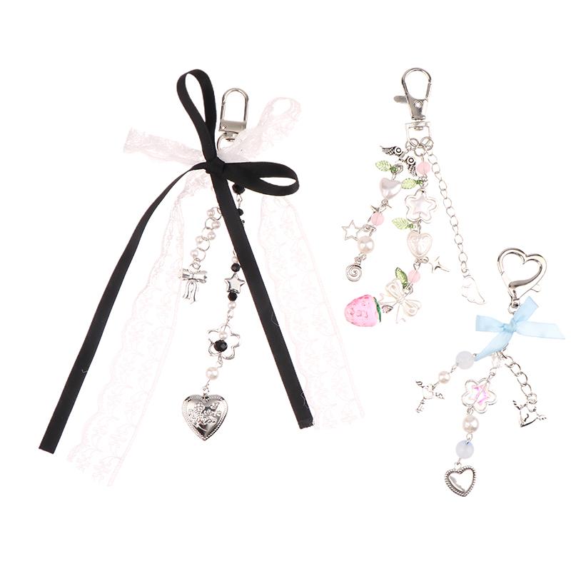 Lace Bowknot Keychain Star Love Bow Strawberry Charm Bag Pendant Keyring Jewelry Bag Decor