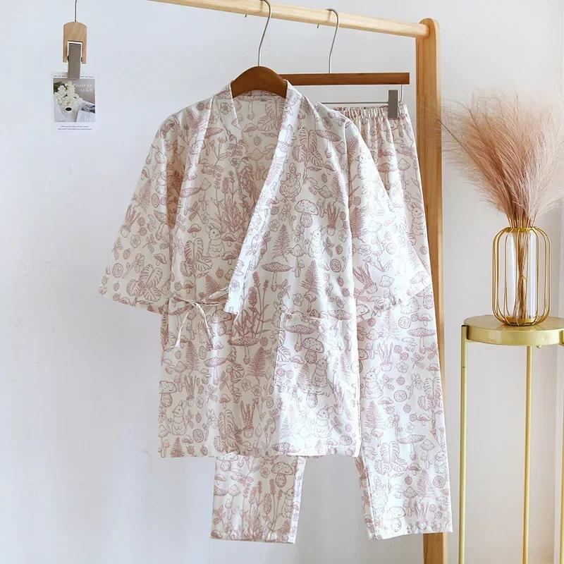 Yedi Kollu Kimono Pijama Seti Kadın İlkbahar ve Sonbahar %100 Pamuk Gazlı Bez Ev Giyim Şirin Tatlı