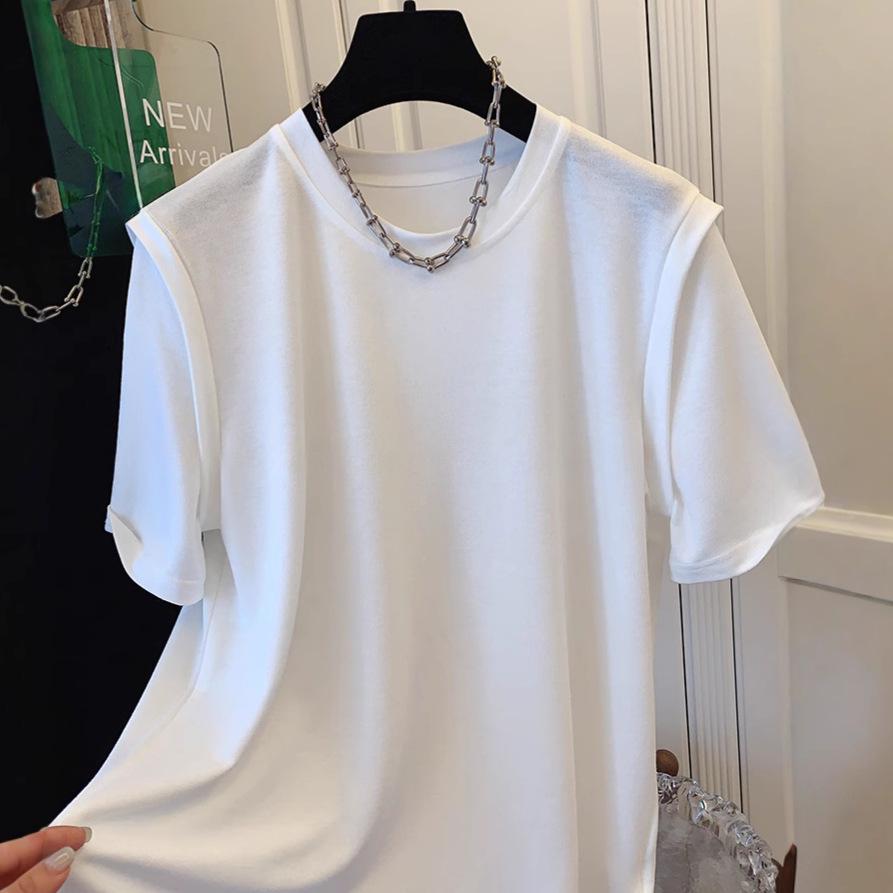 European Style Women's Cotton Faux Two-Piece Short Sleeve Top - Summer Loose Fit, Plus Size, Solid Color, Chic Design (2025)