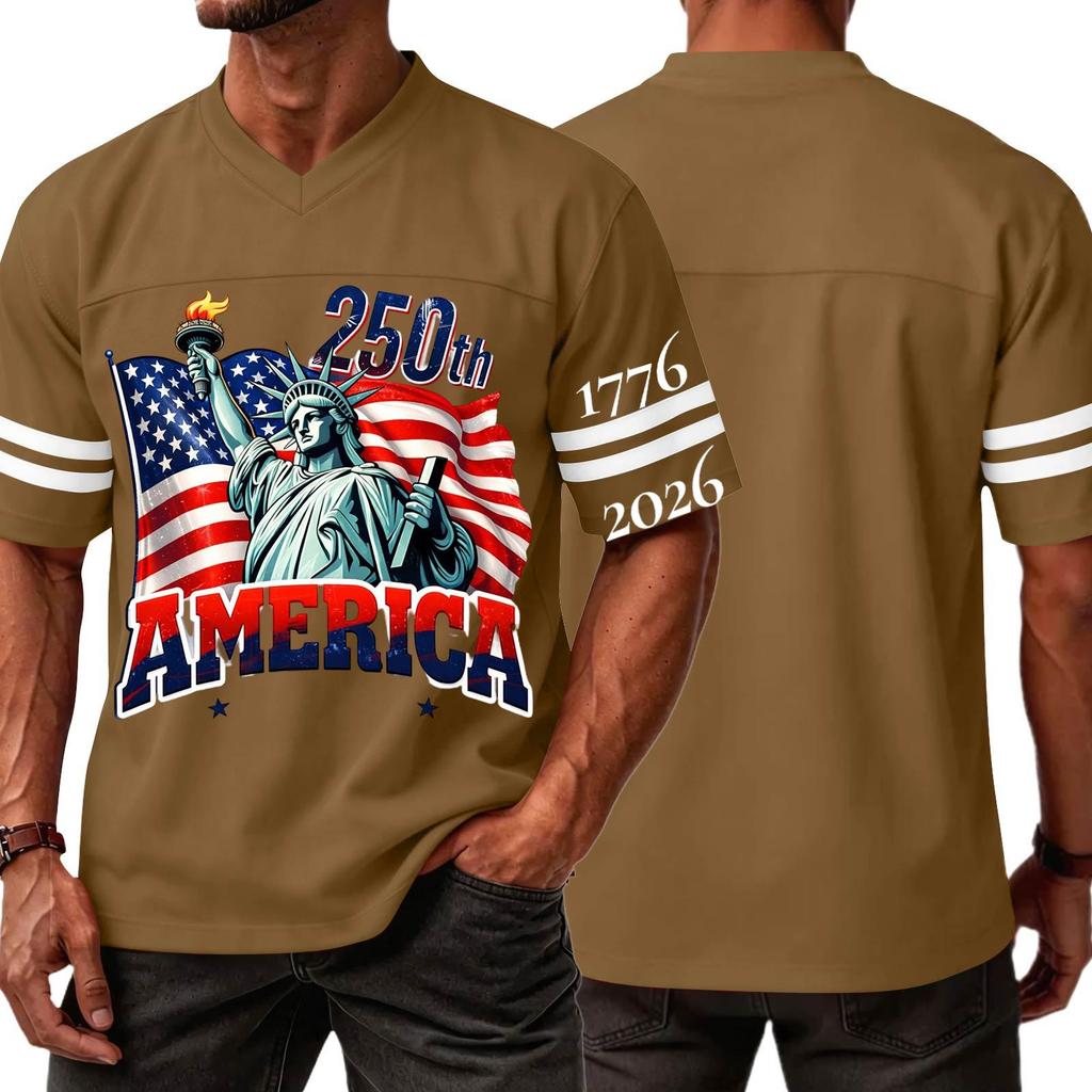 Men's Casual V Neck Jersey 250th America Independence Day Printed Short Sleeve Sports T Shirt Top with Lettering