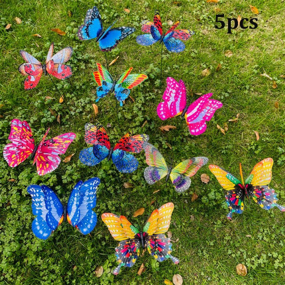5pcs Large Garden Yard Planter Butterfly Colorful Waterproof 3D Butterfly Stakes Butterfly Double Layered Grounding Decoration