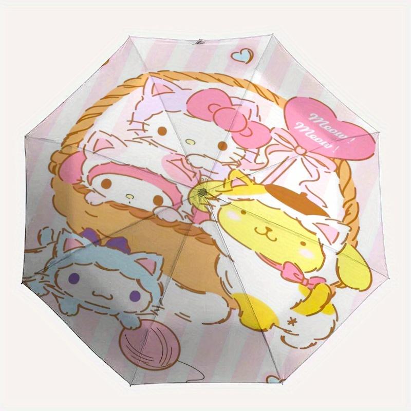 Hello Kitty in a Bamboo Basket Automatic Opening and Closing Umbrella, Lightweight 3-Fold, With Cute Cartoon Characters, Suitable for Home, Outdoor an
