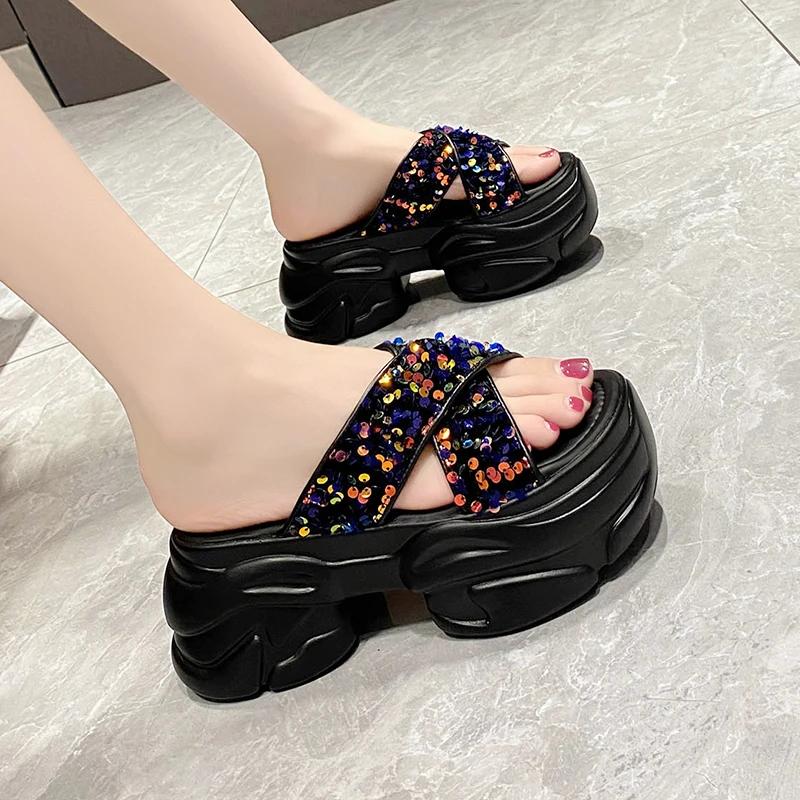 Fashion Summer Bling Slippers Women's Chunky Sandals 2024 Fashion Women 7CM Wedges Platform Shoes Woman Open Toe Flats Beach Flip Flops