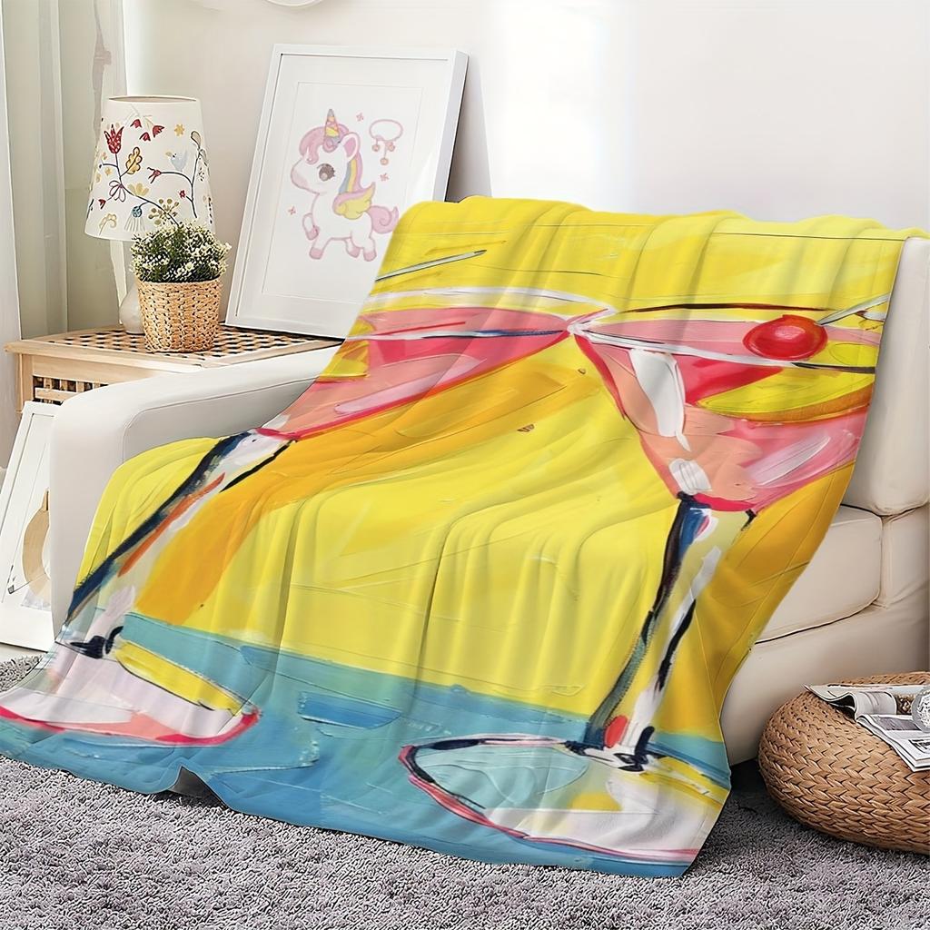 Cocktail Martini Fleece Blanket Artistic Paint Design Yellow Background Soft Cozy Throw Party Decor Gift for Women and Adults