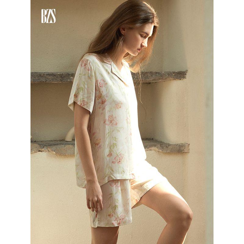 2024 New Arrival Rayon Satin Florals Print Short Sleeve Shorts Pajamas Suit Plaid Casual Suitable for Daily Wear Homewear