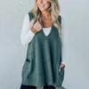 Yousheng Women Sweater V-neck Sleeveless Solid Color Knitting Vest with Pockets Ribbed Trim Loose Fit Mid-length Casual Knitwear