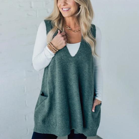 Yousheng Women Sweater V-neck Sleeveless Solid Color Knitting Vest with Pockets Ribbed Trim Loose Fit Mid-length Casual Knitwear