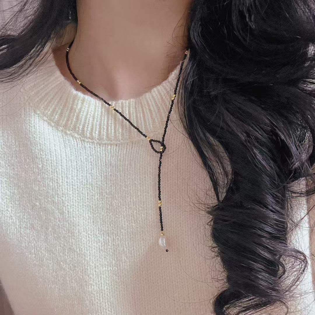 

Vintage Artificial Black Spinel Natural Freshwater Pearl Collarbone Chain Necklace Adjustable Size