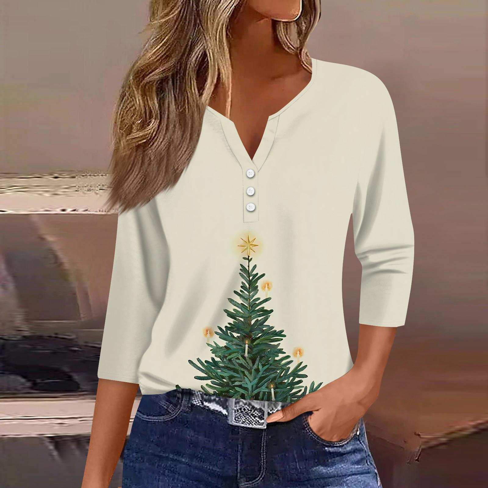 

Женская мода повседневная рубашка с рукавом три четверти и рождественским принтом S хаки