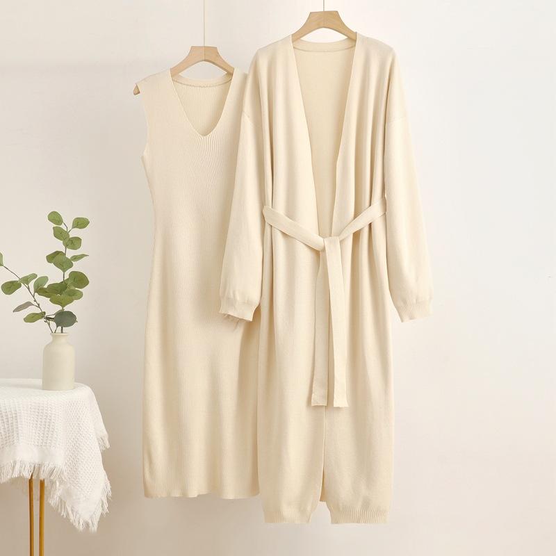 Autumn and Winter Lazy Loose Knitted Suit Women's Long Shawl Cardigan Dress Two-piece Set