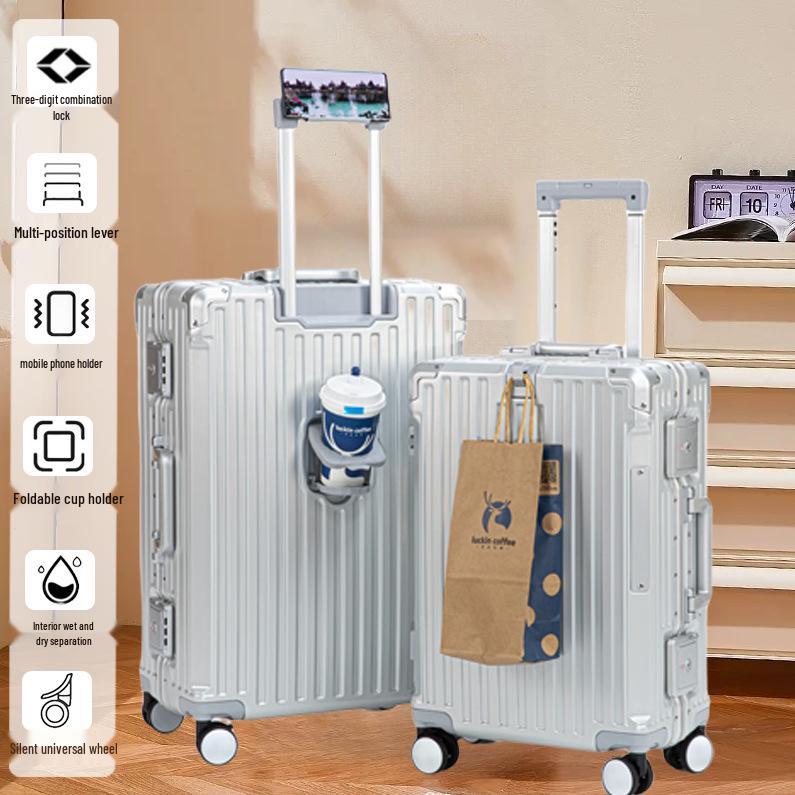 24" Aluminum Frame Luggage: Silent Zipper Trolley with Combination Lock, Universal Wheels, Wear-Resistant