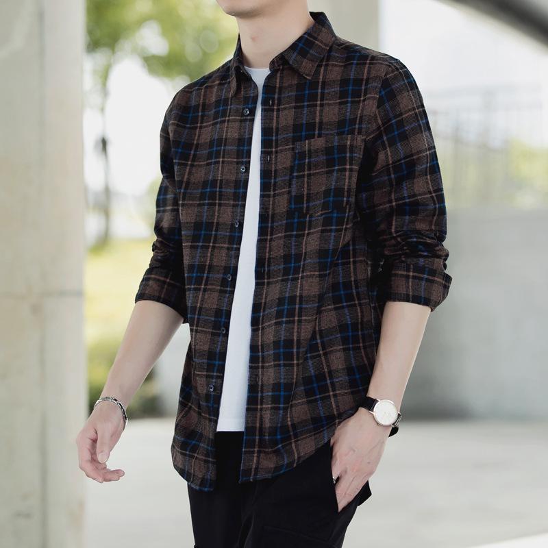 Retro Dark Plaid Long-Sleeve Men's Bottoming Shirt