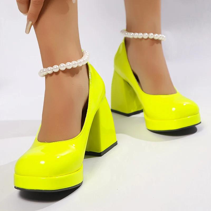 Fashion Chunky Platform High Heels Pumps Women Fashion Pearl Ankle Strap Party Shoes Woman Patent Leather Thick Heeled Mary Jane Shoes