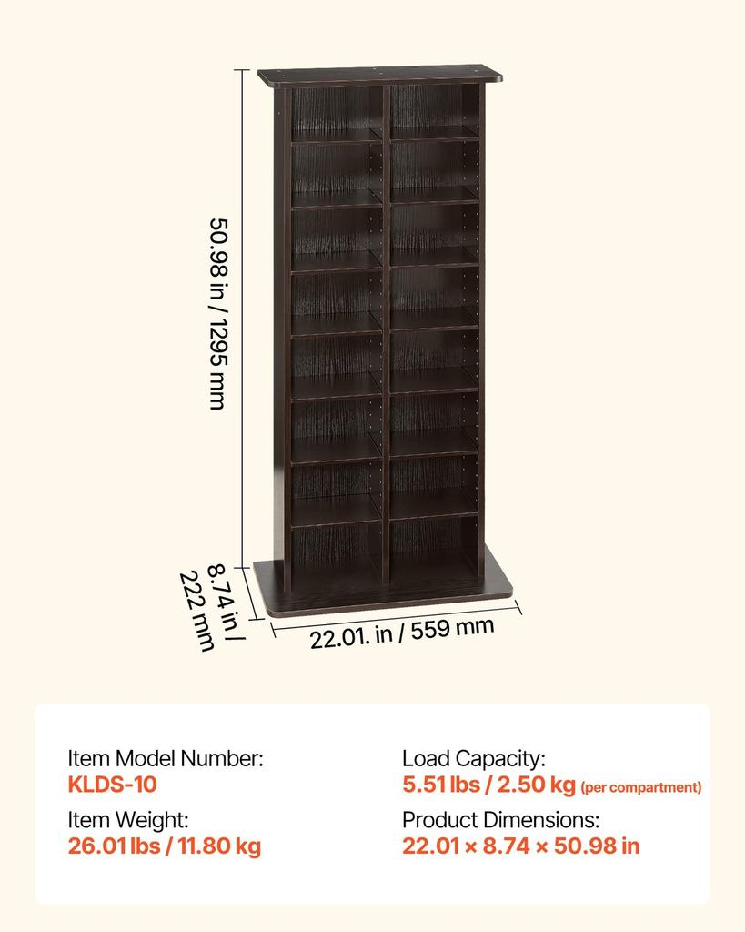 Media Storage Cabinet, 8-Tier DVD Shelf Organizer, 559 x 222 x 1295 mm Multimedia Storage Organizer for CDs, DVDs, Books and Games, CD Shelf for